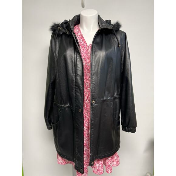 Vintage 90s Y2k Black Soft Leather Coat Cinched Waist Mid Length Sz 16 Faux Fur - Picture 5 of 16